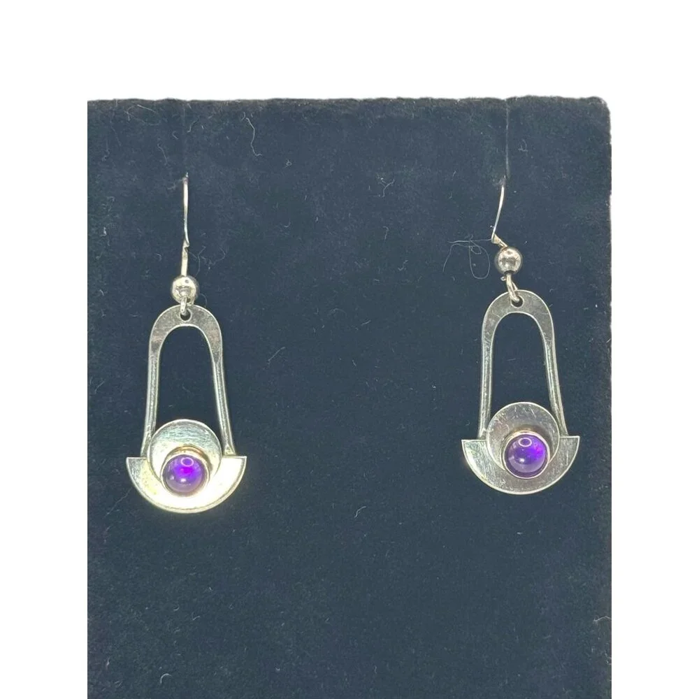 Vintage Sterling Silver & Amethyst Earrings Modernist Design - Picture 7 of 7